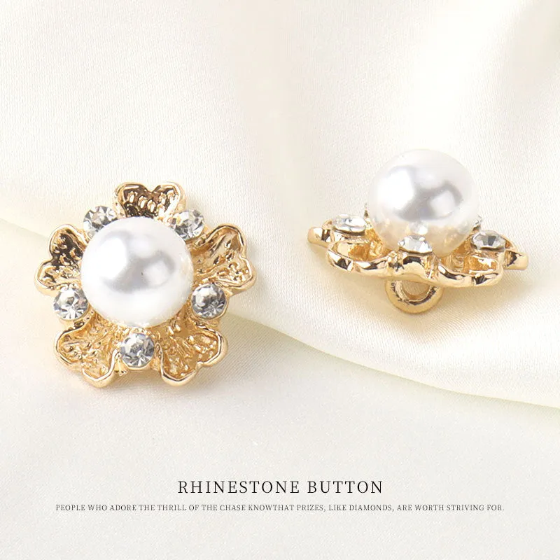 0.75 inch Rhinestone White Pearl Floral Button Golden Metal Base Shank