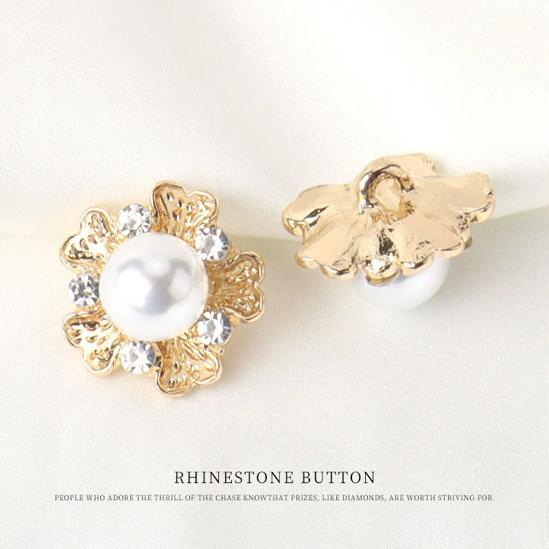 0.75 inch Rhinestone White Pearl Floral Button Golden Metal Base Shank