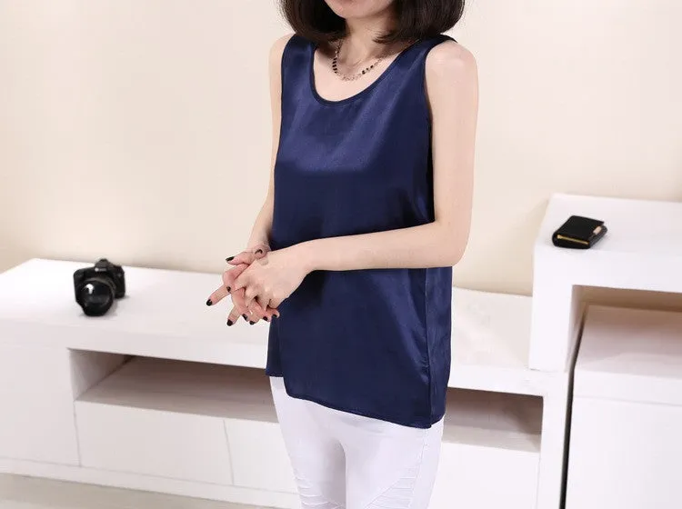 100% Pure Silk Women's Blouses Classic Casual Blouse Women Loose OL Sleeveless Ladies Tank Tops For Woman
