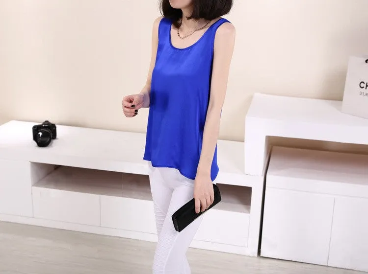 100% Pure Silk Women's Blouses Classic Casual Blouse Women Loose OL Sleeveless Ladies Tank Tops For Woman