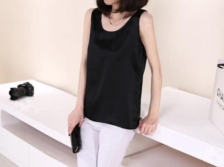 100% Pure Silk Women's Blouses Classic Casual Blouse Women Loose OL Sleeveless Ladies Tank Tops For Woman