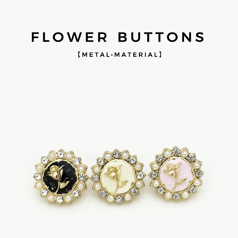 12mm Diamond-Encrusted Pearl Rose Metal Shirt Buttons 20pcs