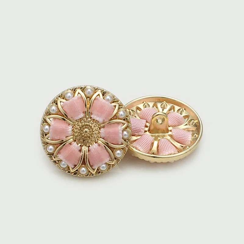 17.5/20/22.5mm Pink Floral Pearl Round Golden Metal Buttons 12pcs