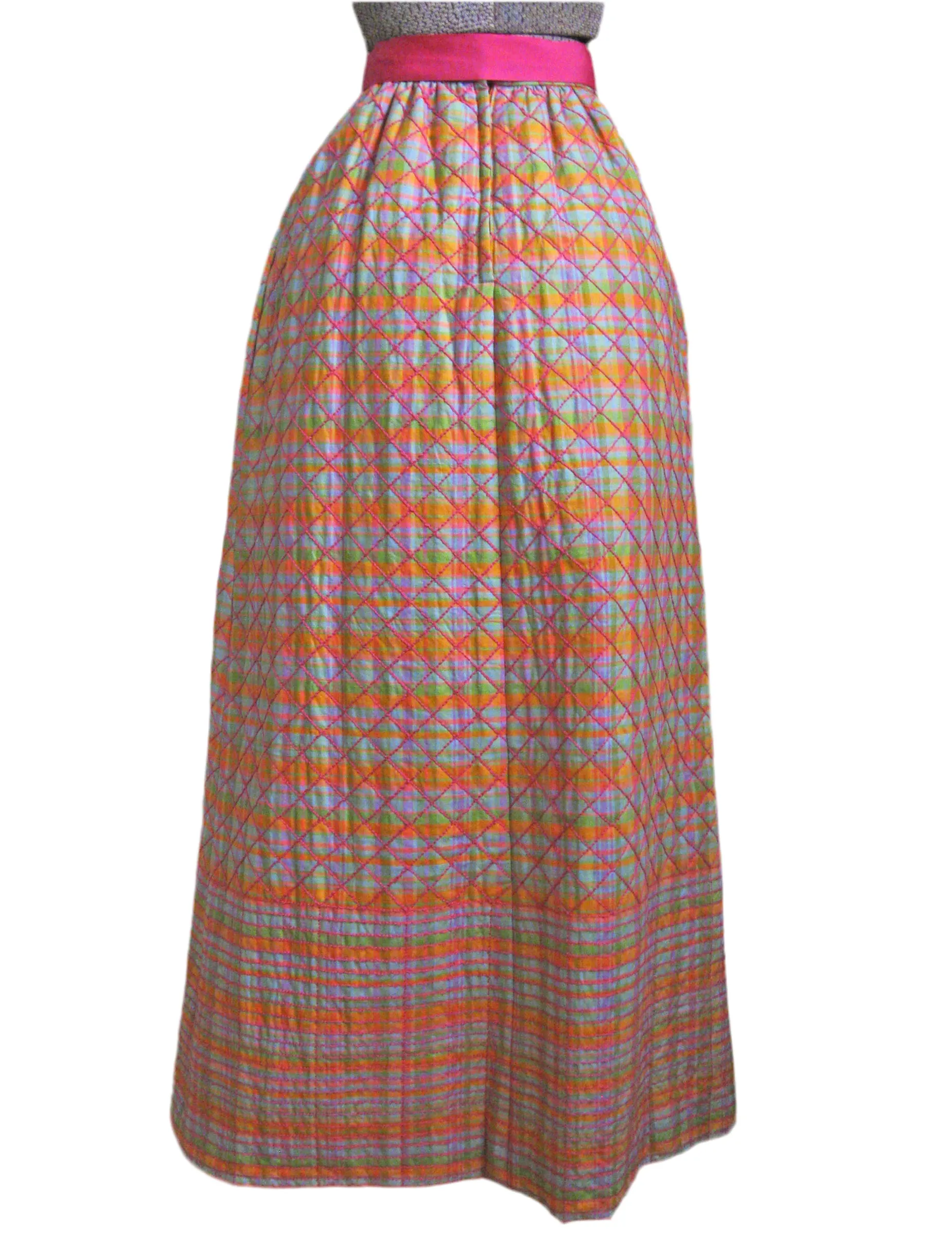 1960s Maxi Skirt Quilted Madras Plaid