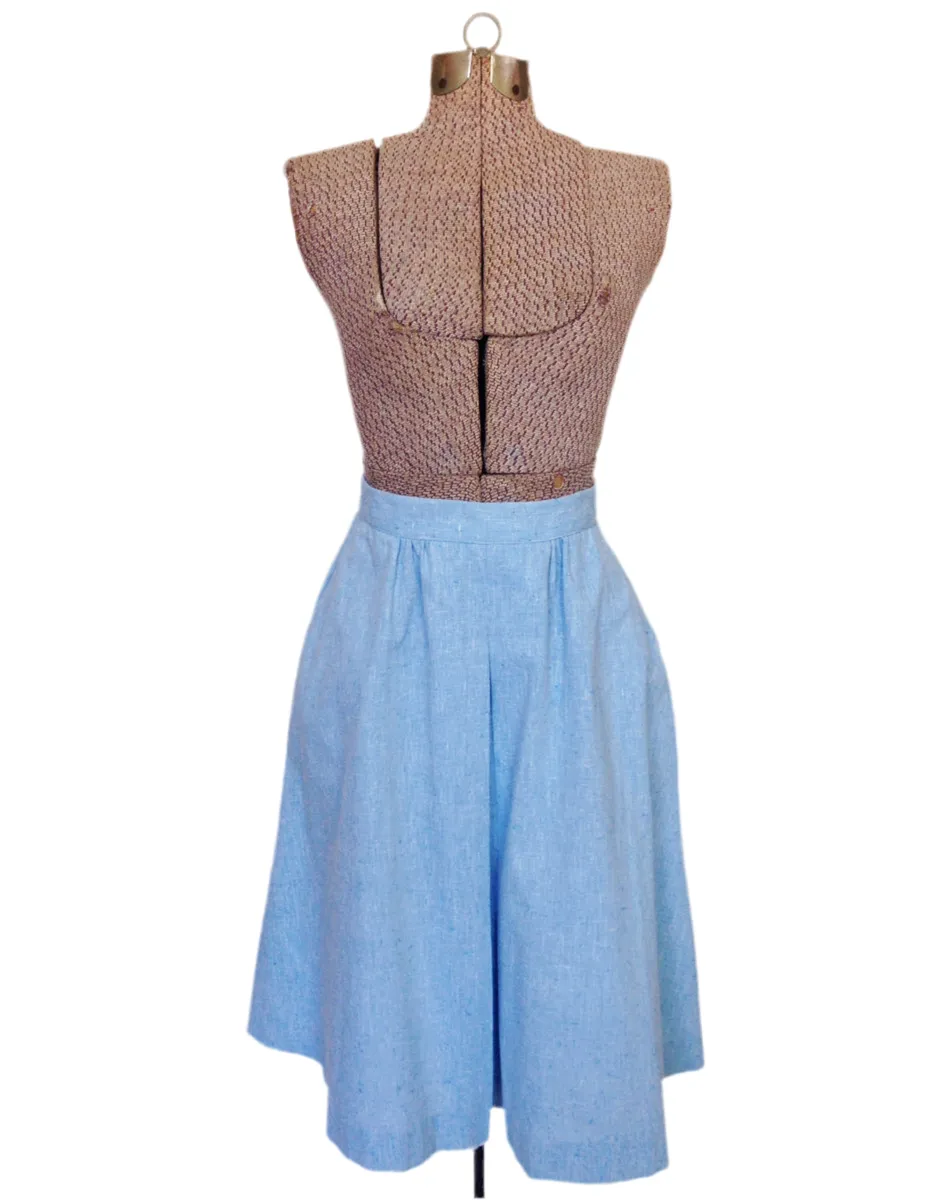 1970s Blue Skirt A-Line Cotton Slub