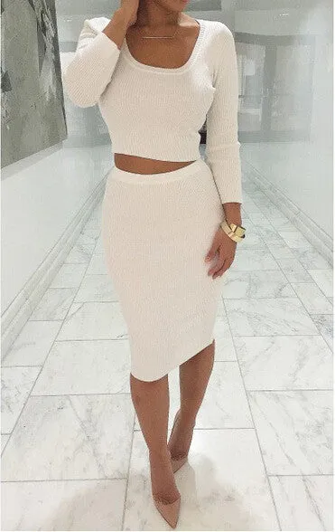 2 Pcs Women Sets Long Sleeve Midi Pencil Bodycon Vestidos Casual Office Clothing Elegant Slim Bandage Dresses