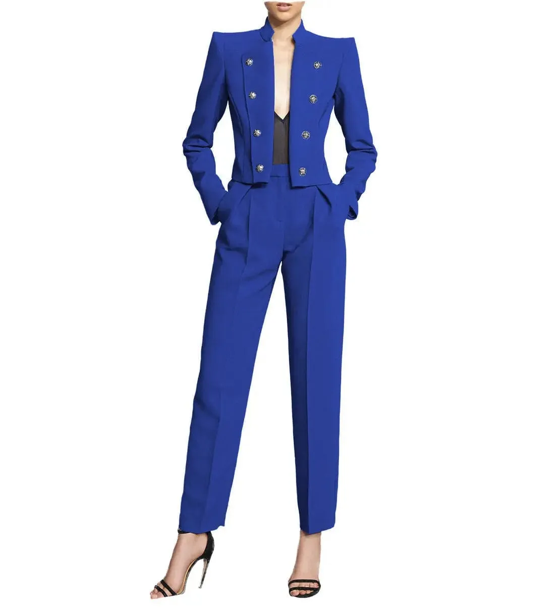 2 Piece Fashion Stand Collar Slim Fit Women's Suit