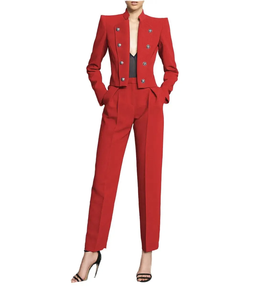2 Piece Fashion Stand Collar Slim Fit Women's Suit