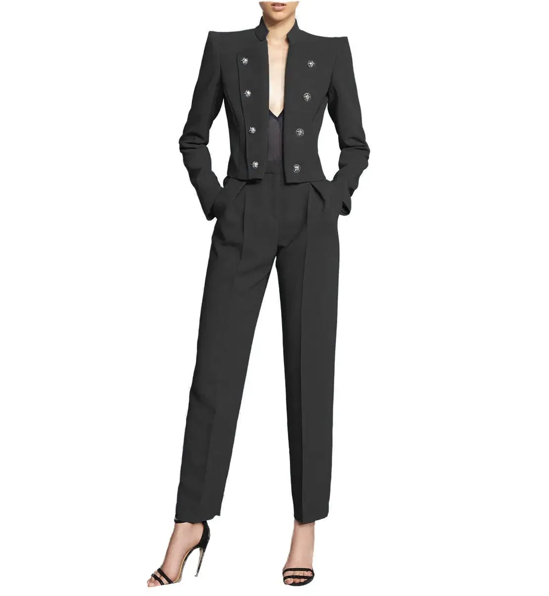2 Piece Fashion Stand Collar Slim Fit Women's Suit