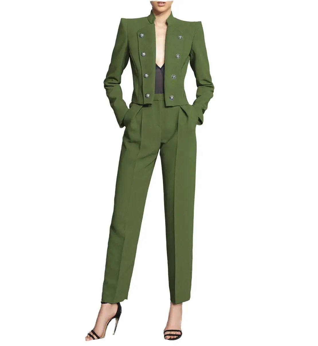 2 Piece Fashion Stand Collar Slim Fit Women's Suit