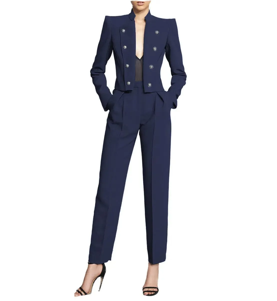 2 Piece Fashion Stand Collar Slim Fit Women's Suit