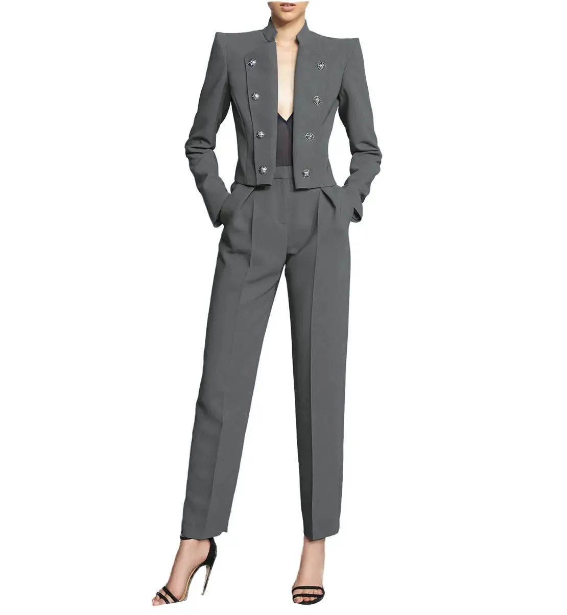 2 Piece Fashion Stand Collar Slim Fit Women's Suit