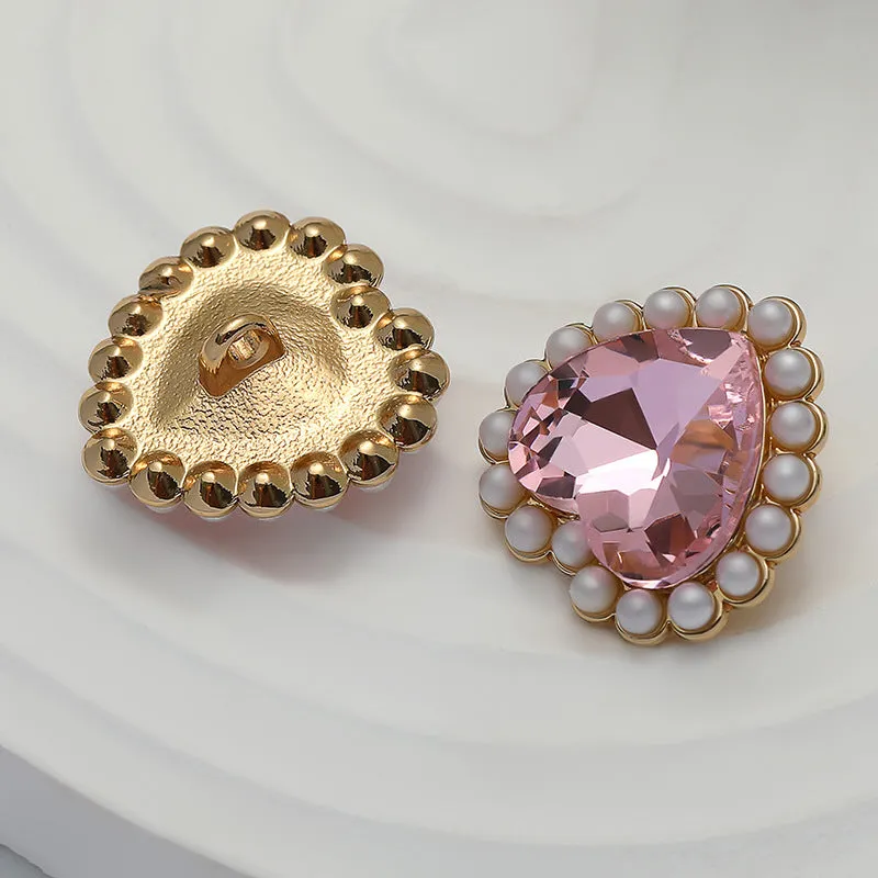 20mm Pink Diamond Heart with Pearl Edge Metal Button 10pcs