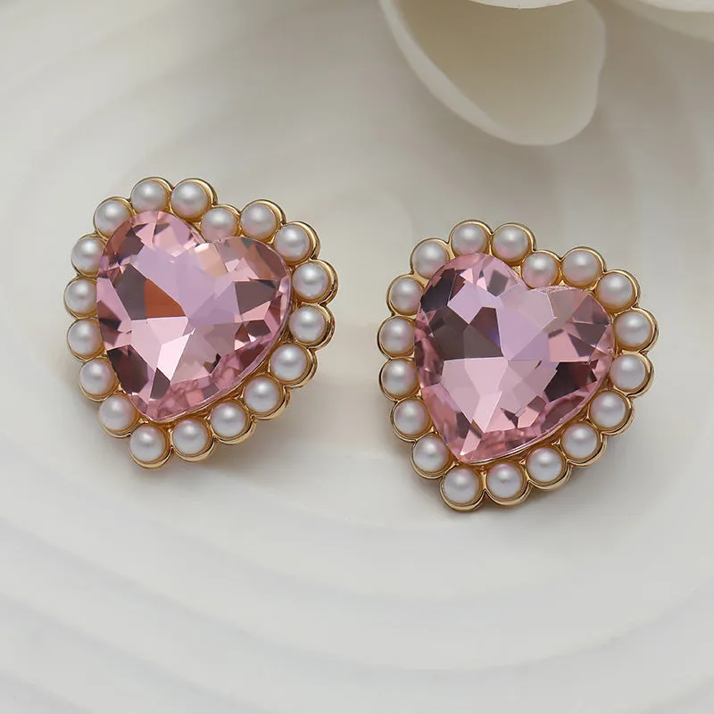 20mm Pink Diamond Heart with Pearl Edge Metal Button 10pcs