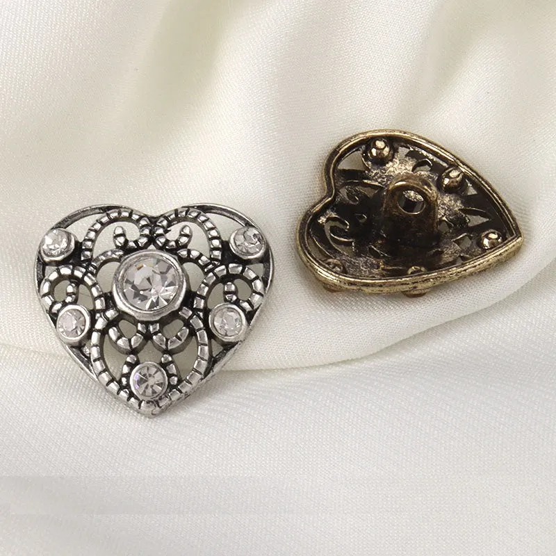 21.5mm Vintage Golden Silver Heart Shaped Metal Hollow Rhinestone Buttons 6pcs
