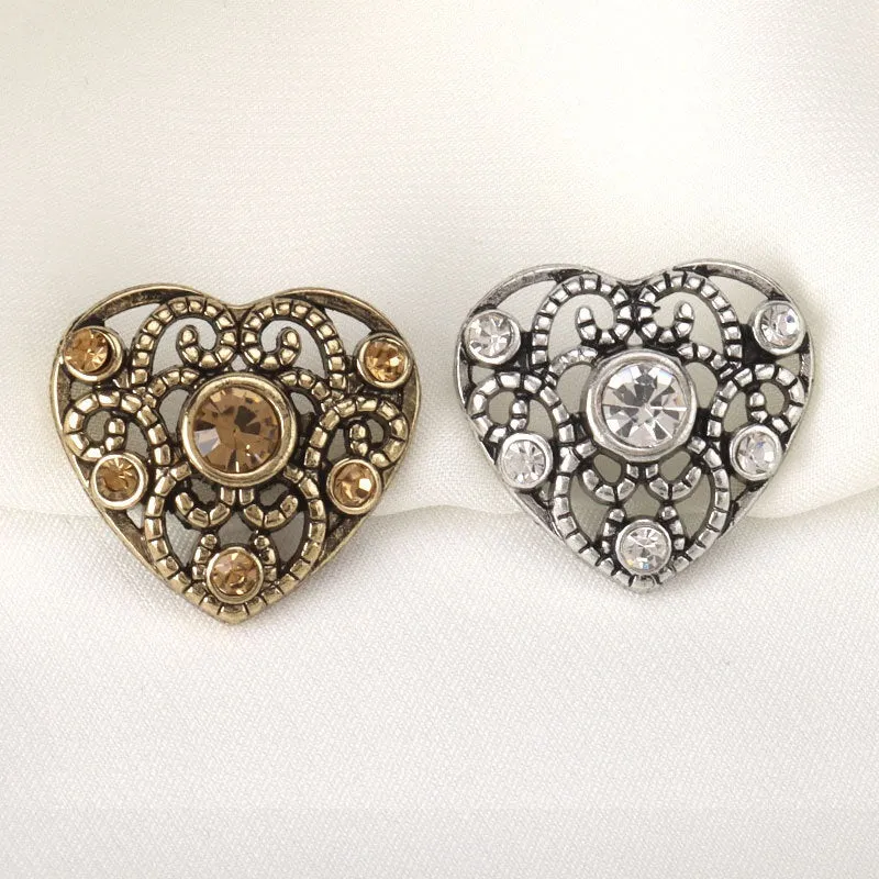 21.5mm Vintage Golden Silver Heart Shaped Metal Hollow Rhinestone Buttons 6pcs