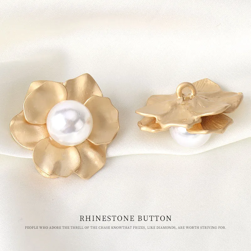29mm Golden Lotus-Shaped Pearl Metal Button with Shank 2pcs