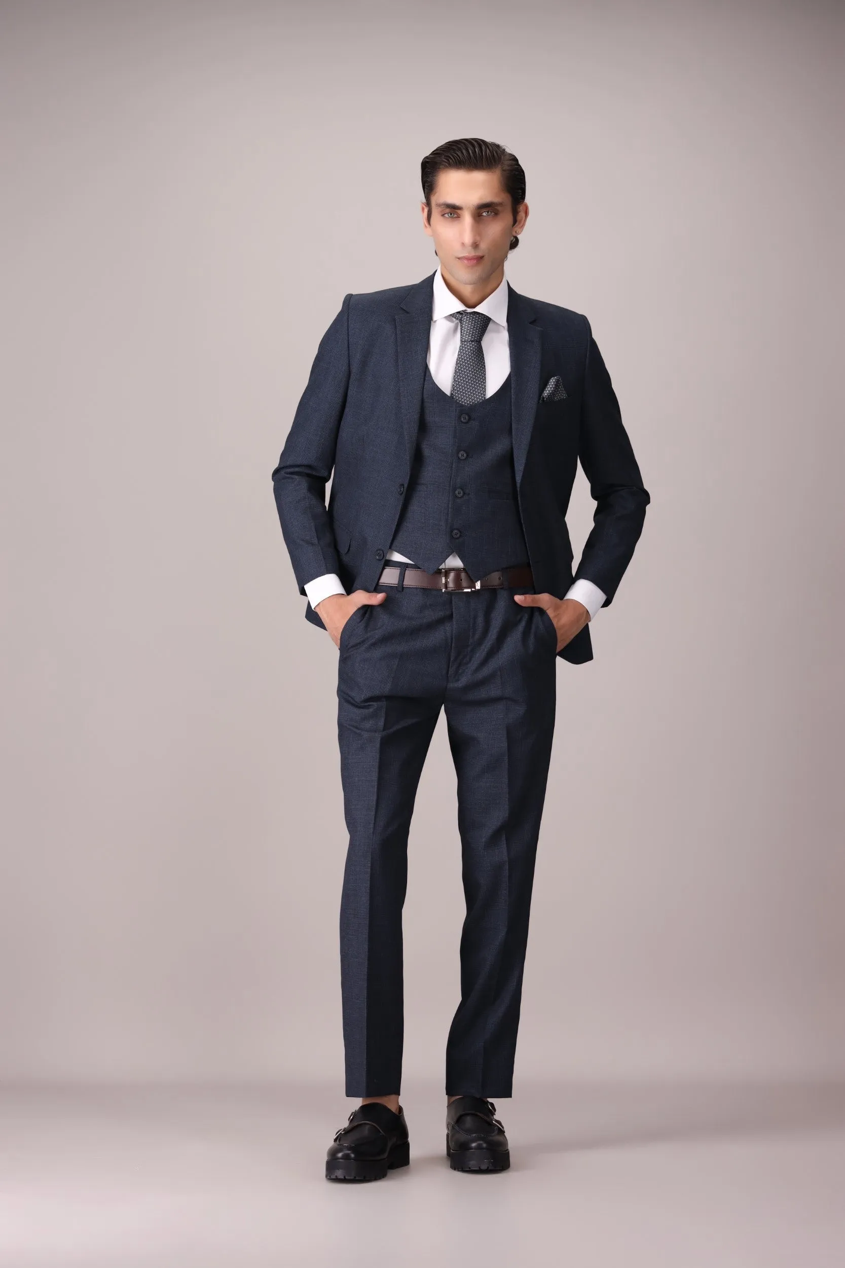 3 Piece Checkered Slim Fit Suit