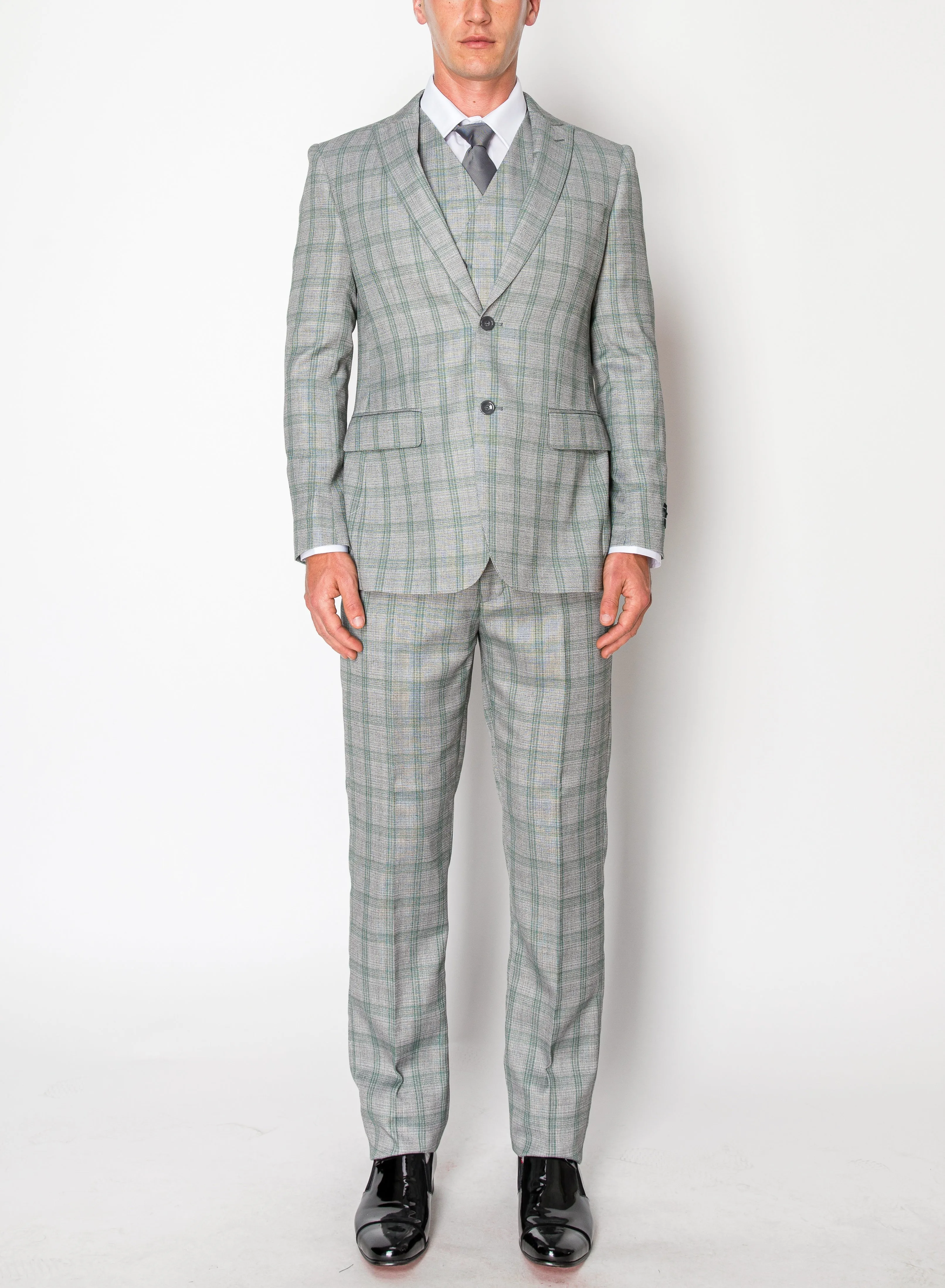 3 Piece Plaid Suit - Grey (108106)