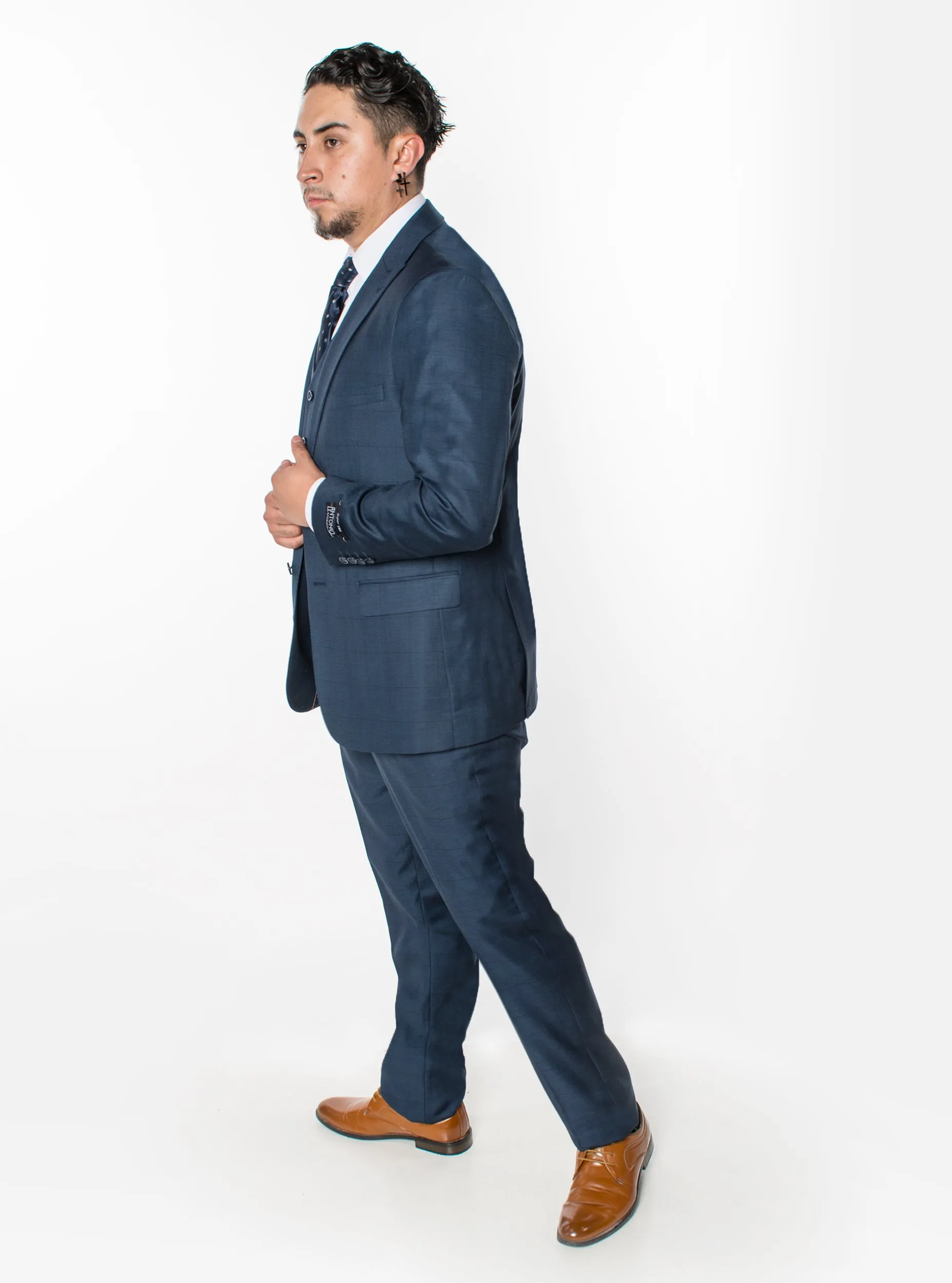 3 Piece Plaid Suit - Navy (290502)