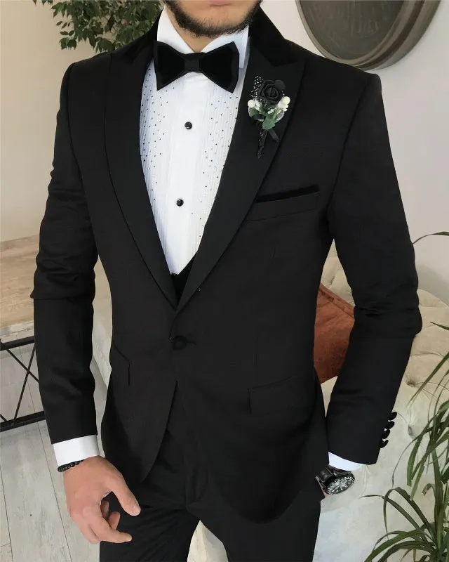Adonis Newest Black Three Pieces Peaked Lapel Slim Fit Business Men Suits