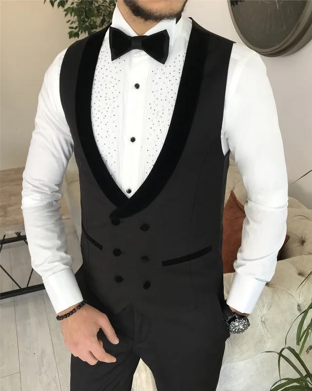Adonis Newest Black Three Pieces Peaked Lapel Slim Fit Business Men Suits