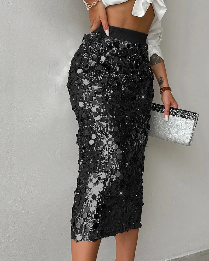 Allover Sequin Fashionable Midi-Calf Skirt