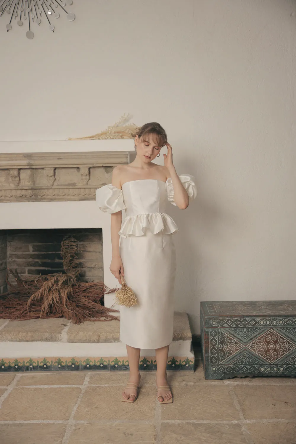 AMELIE Two Piece  Bustier Peplum Top with Removable Puff Sleeves and Pencil Skirt (White Gazaar)