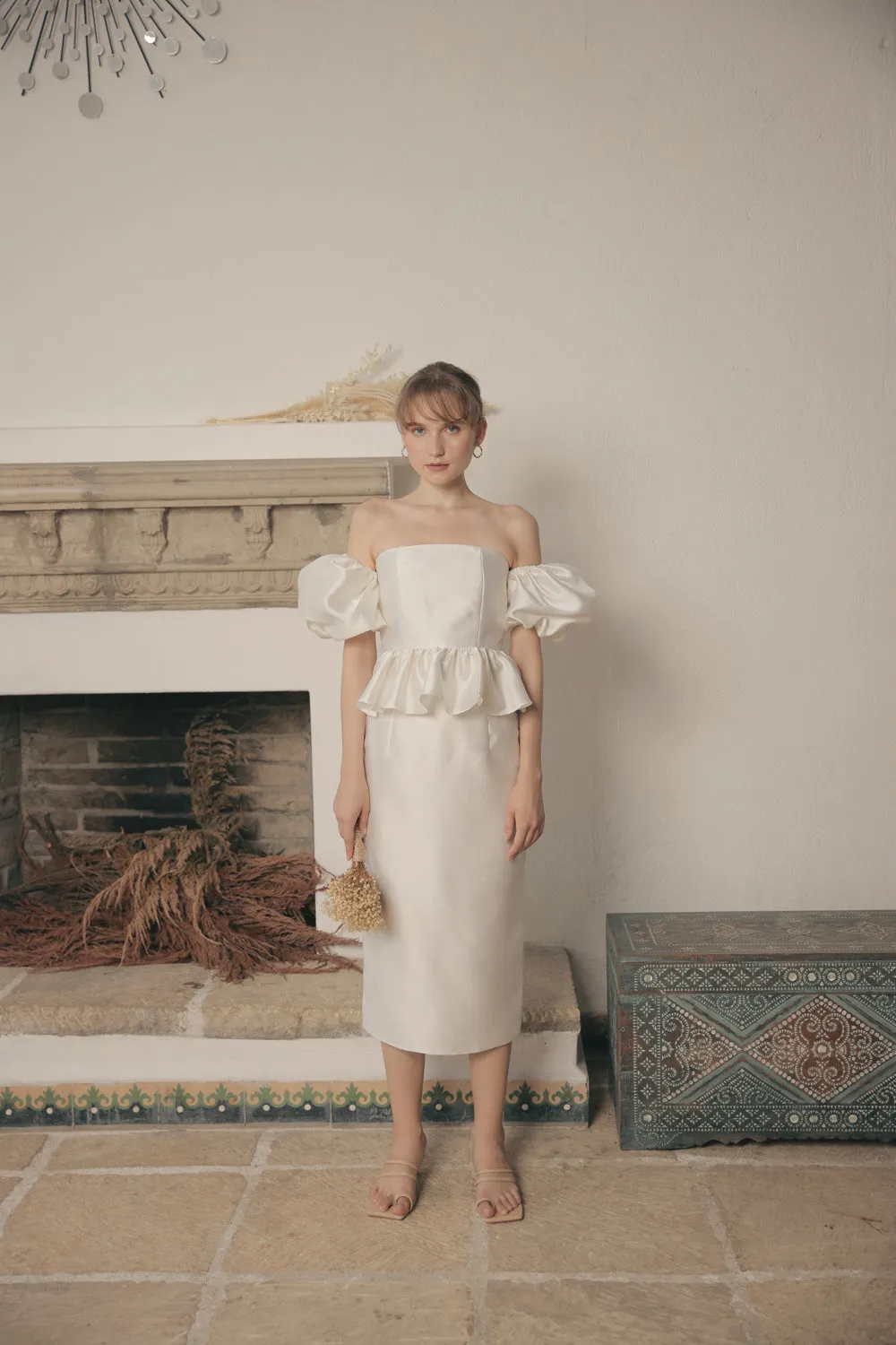 AMELIE Two Piece  Bustier Peplum Top with Removable Puff Sleeves and Pencil Skirt (White Gazaar)