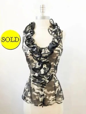 Anne Fontaine Camo Ruffle Blouse Size 38 Fr (4-6 Us)