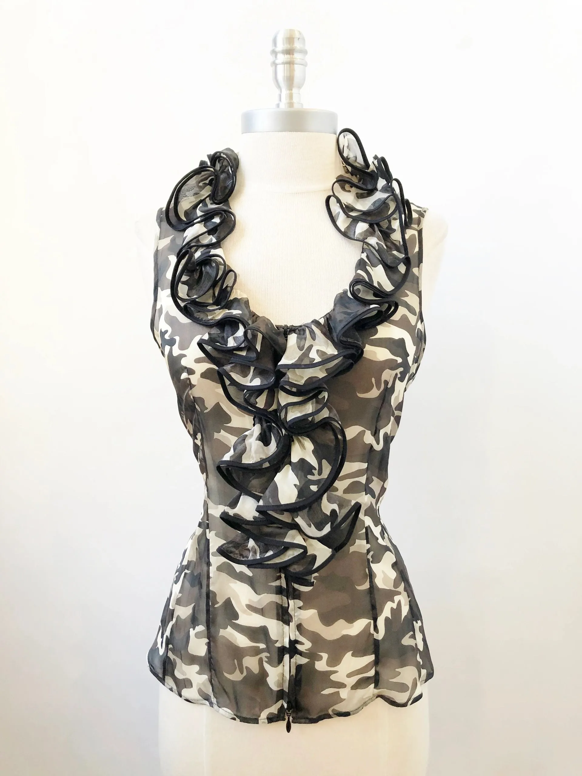 Anne Fontaine Camo Ruffle Blouse Size 38 Fr (4-6 Us)