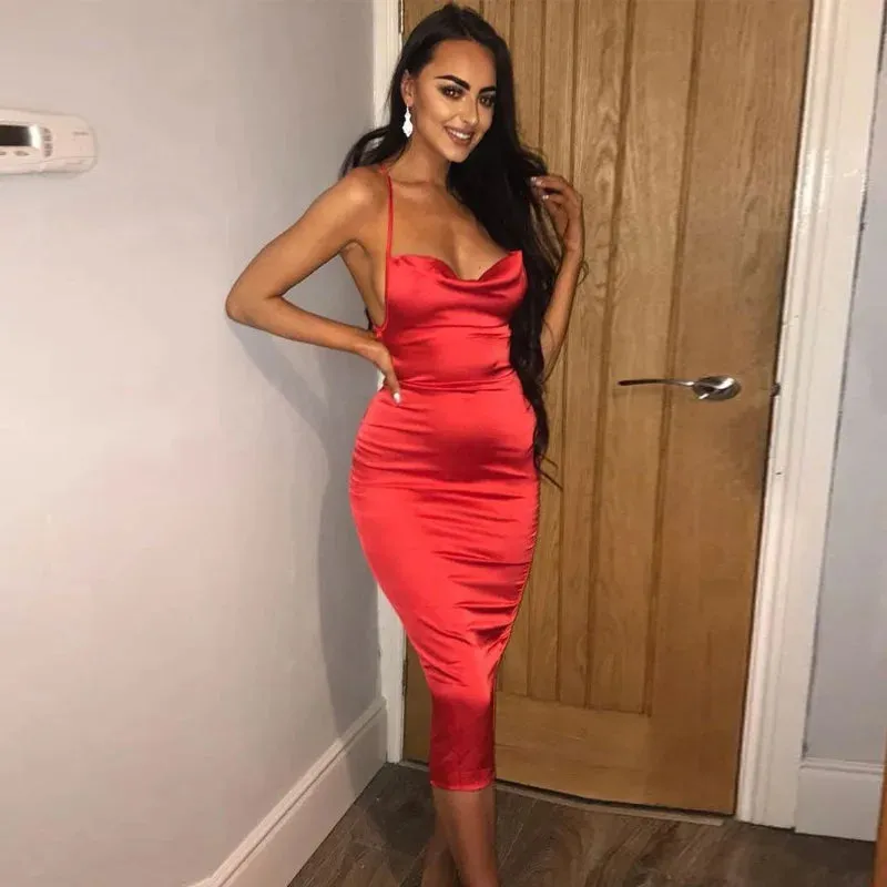 Asia Satin Long Elegant Party Night Sexy Backless Lace-up Slim Fit Bodycon Dress