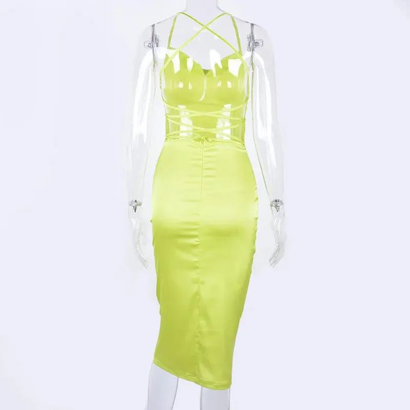 Asia Satin Long Elegant Party Night Sexy Backless Lace-up Slim Fit Bodycon Dress