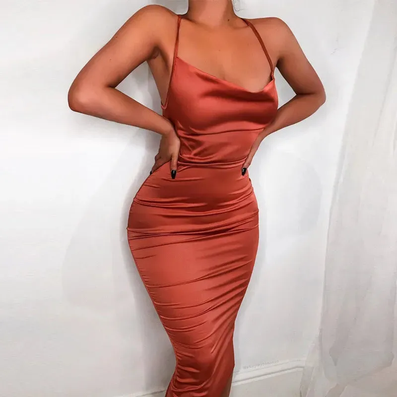 Asia Satin Long Elegant Party Night Sexy Backless Lace-up Slim Fit Bodycon Dress