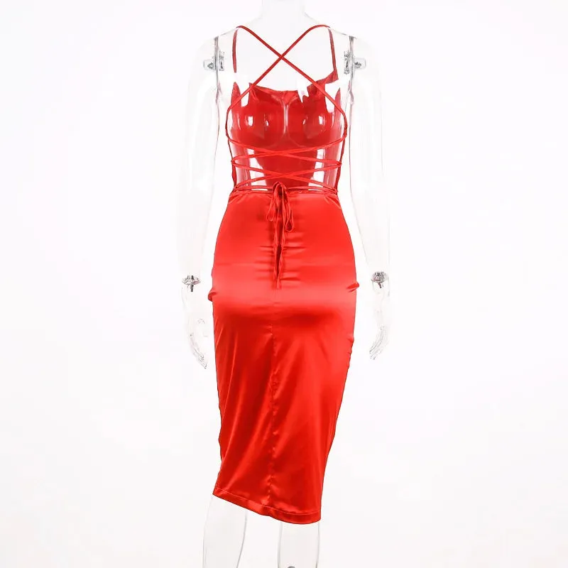Asia Satin Long Elegant Party Night Sexy Backless Lace-up Slim Fit Bodycon Dress