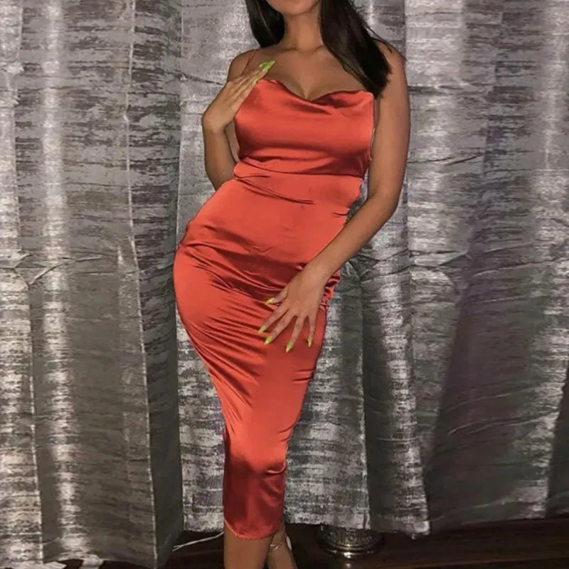 Asia Satin Long Elegant Party Night Sexy Backless Lace-up Slim Fit Bodycon Dress
