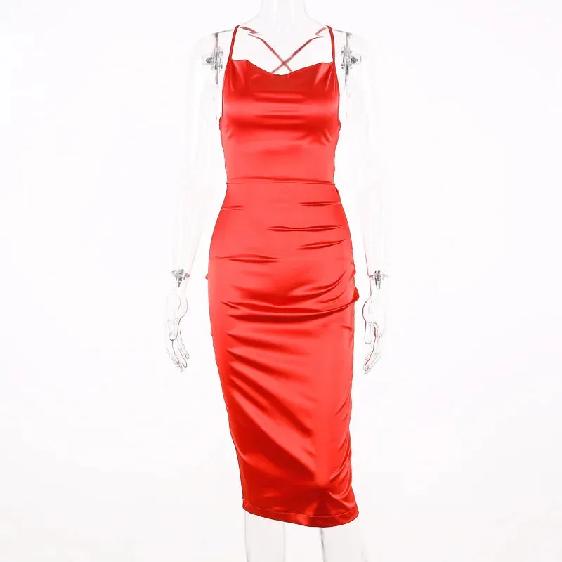 Asia Satin Long Elegant Party Night Sexy Backless Lace-up Slim Fit Bodycon Dress