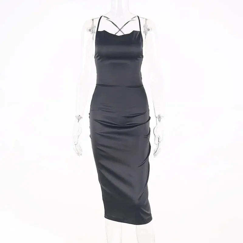 Asia Satin Long Elegant Party Night Sexy Backless Lace-up Slim Fit Bodycon Dress