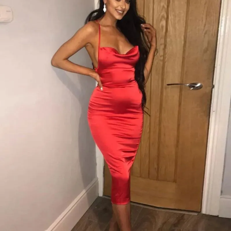 Asia Satin Long Elegant Party Night Sexy Backless Lace-up Slim Fit Bodycon Dress