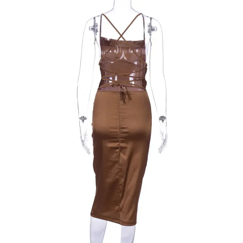 Asia Satin Long Elegant Party Night Sexy Backless Lace-up Slim Fit Bodycon Dress