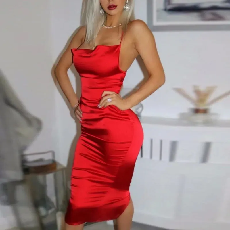 Asia Satin Long Elegant Party Night Sexy Backless Lace-up Slim Fit Bodycon Dress