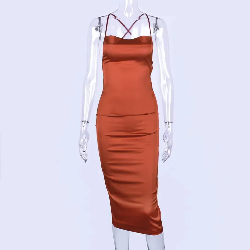 Asia Satin Long Elegant Party Night Sexy Backless Lace-up Slim Fit Bodycon Dress