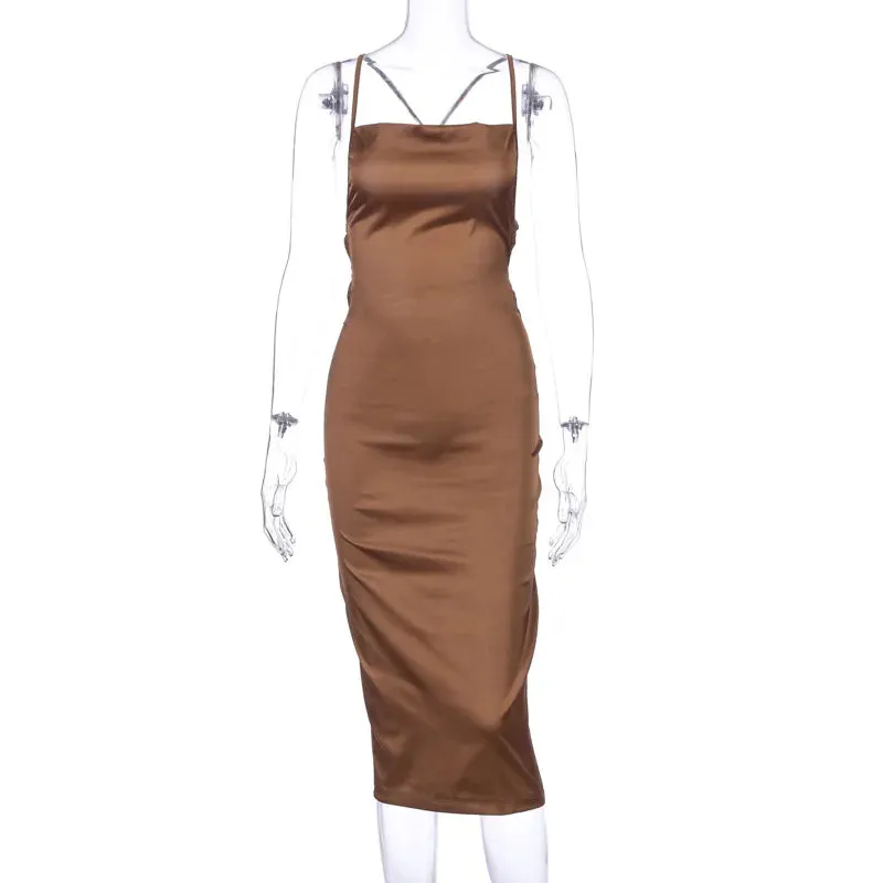 Asia Satin Long Elegant Party Night Sexy Backless Lace-up Slim Fit Bodycon Dress
