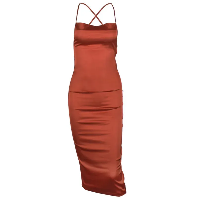 Asia Satin Long Elegant Party Night Sexy Backless Lace-up Slim Fit Bodycon Dress