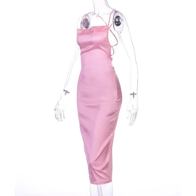 Asia Satin Long Elegant Party Night Sexy Backless Lace-up Slim Fit Bodycon Dress