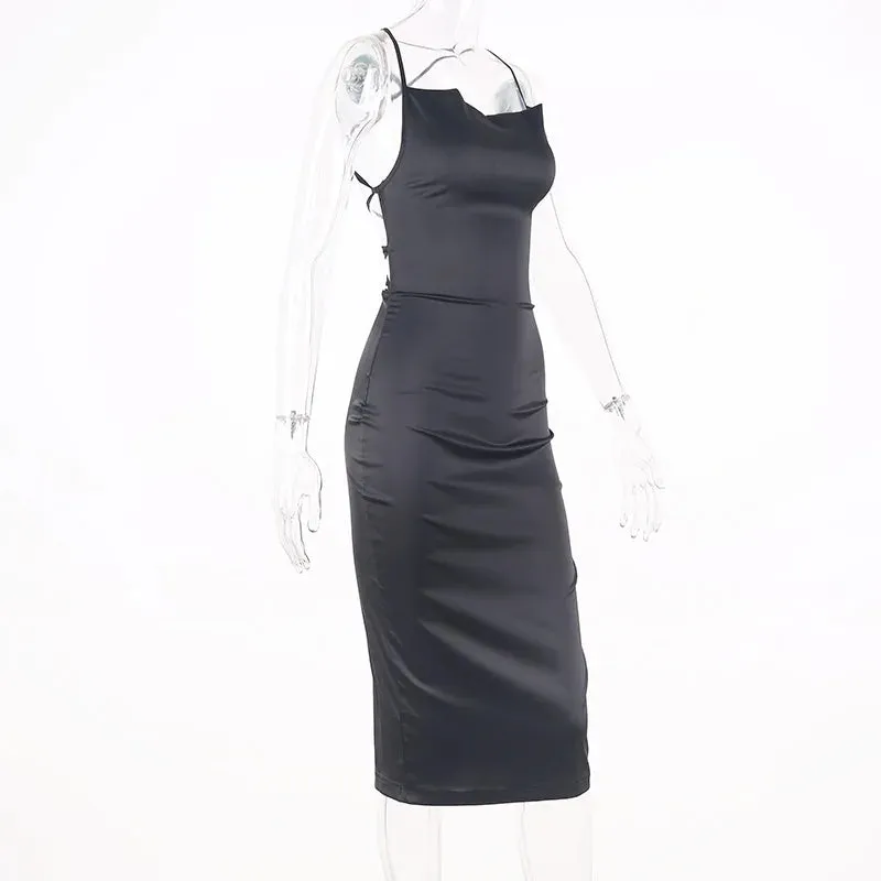 Asia Satin Long Elegant Party Night Sexy Backless Lace-up Slim Fit Bodycon Dress