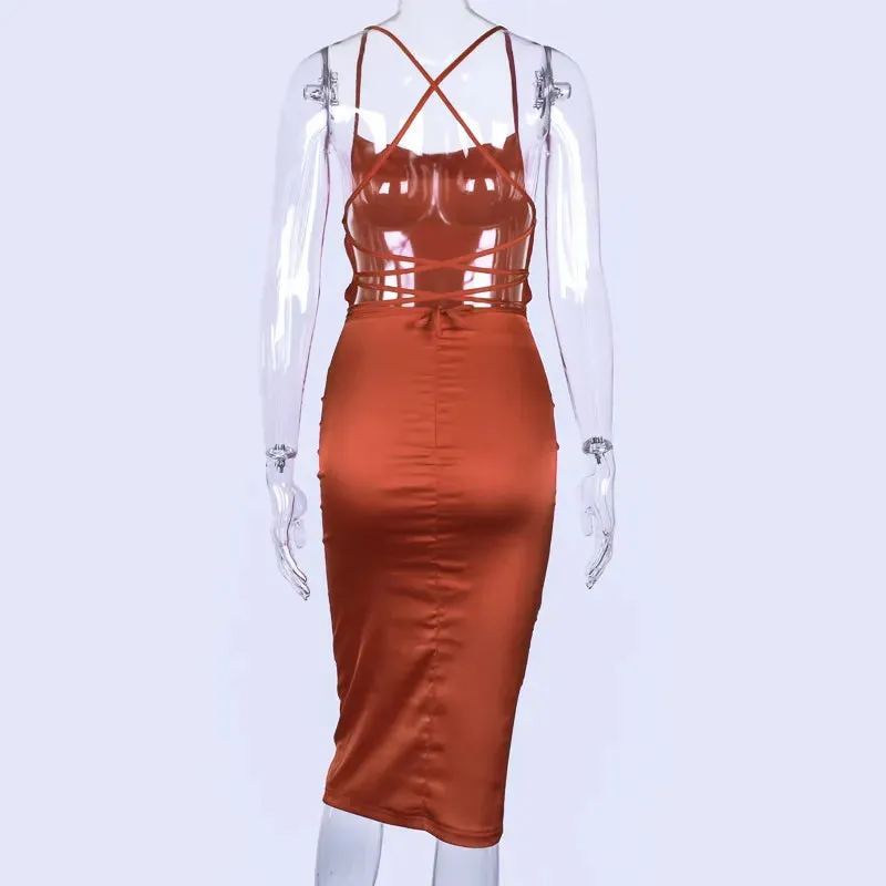 Asia Satin Long Elegant Party Night Sexy Backless Lace-up Slim Fit Bodycon Dress