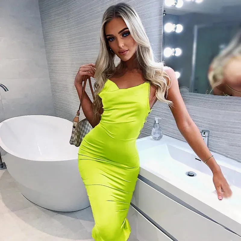 Asia Satin Long Elegant Party Night Sexy Backless Lace-up Slim Fit Bodycon Dress
