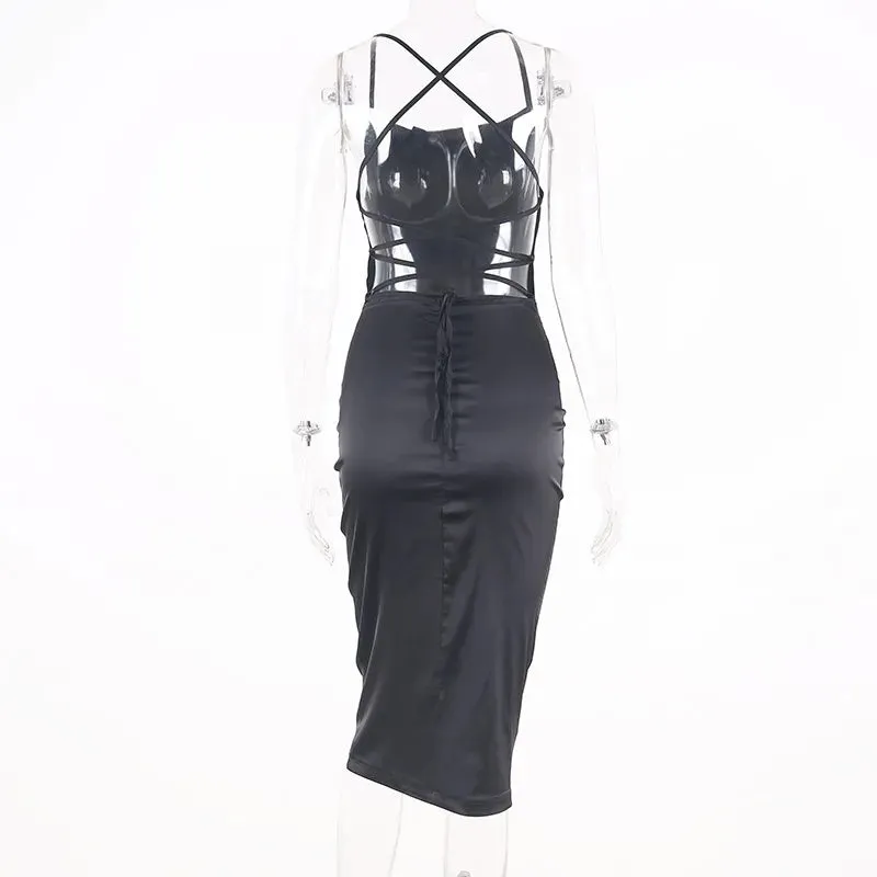 Asia Satin Long Elegant Party Night Sexy Backless Lace-up Slim Fit Bodycon Dress
