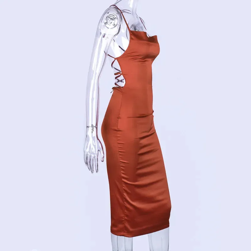 Asia Satin Long Elegant Party Night Sexy Backless Lace-up Slim Fit Bodycon Dress